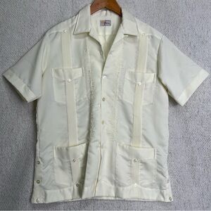 Vintage Yuca Men 38 Ivory Cream Guayabera Shirt Mexican Loop Collar Embroidered
